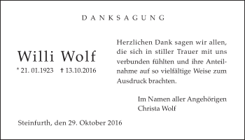 Traueranzeige von Willi Wolf von Wetterauer Zeitung, Wetterauer Zeitung