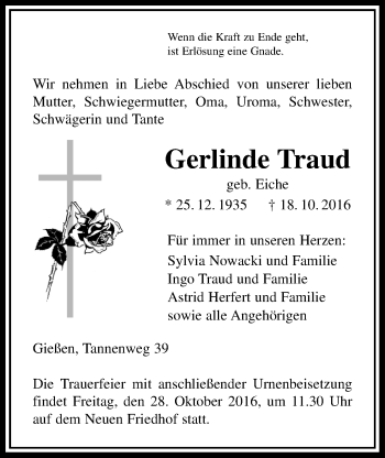 Traueranzeige von Gerlinde Traud von Gießener Allgemeine, Alsfelder Allgemeine