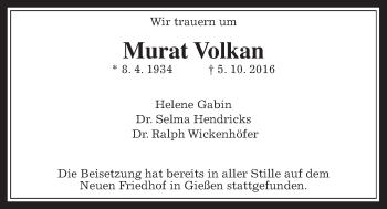 Traueranzeige von Murat Volkan von Gießener Allgemeine, Alsfelder Allgemeine