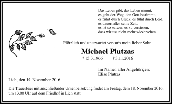 Traueranzeige von Michael Plutzas von Licher Wochenblatt, Licher Wochenblatt, Licher Wochenblatt