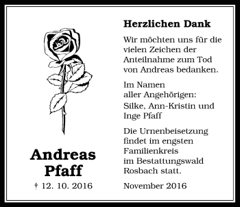 Traueranzeige von Andreas Pfaff von Wetterauer Zeitung, Wetterauer Zeitung