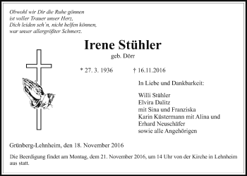Traueranzeige von Irene Stühler von Gießener Allgemeine, Alsfelder Allgemeine