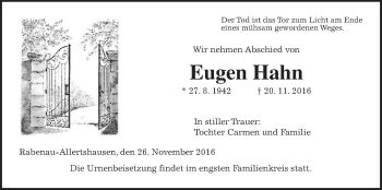 Traueranzeige von Eugen Hahn von Gießener Allgemeine, Alsfelder Allgemeine