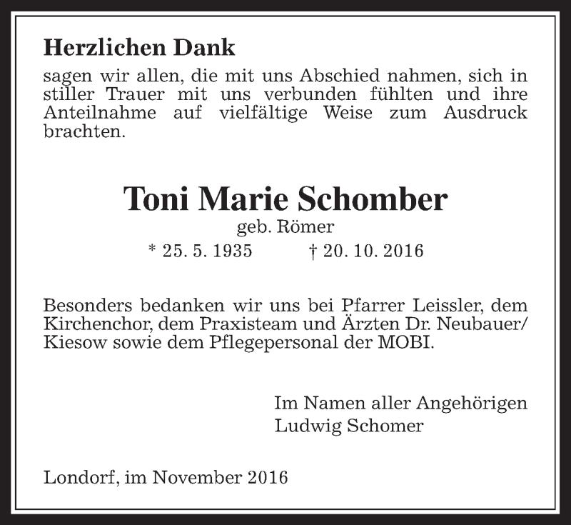  Traueranzeige für Toni Marie Schomber vom 17.11.2016 aus Rabenauer Zeitung