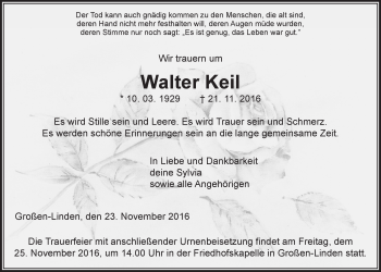 Traueranzeige von Walter Keil von Gießener Allgemeine, Alsfelder Allgemeine