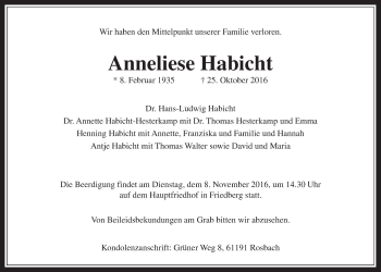 Traueranzeige von Anneliese Habicht von Wetterauer Zeitung, Wetterauer Zeitung
