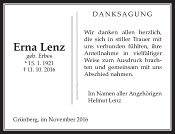 Traueranzeige von Erna Lenz von Gießener Allgemeine, Alsfelder Allgemeine