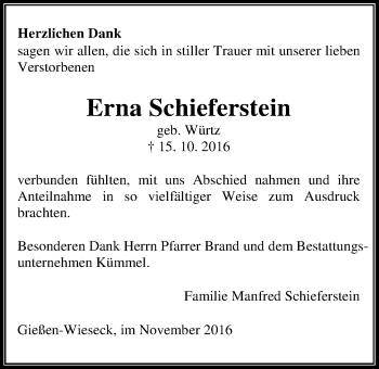 Traueranzeige von Erna Schieferstein von Gießener Allgemeine, Alsfelder Allgemeine