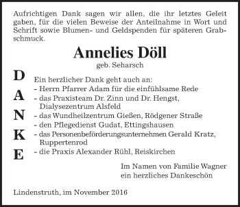 Traueranzeige von Annelies Döll von Gießener Allgemeine, Alsfelder Allgemeine