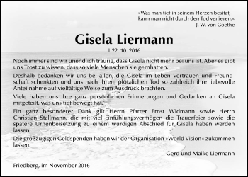 Traueranzeige von Gisela Liermann von Gießener Allgemeine, Alsfelder Allgemeine, Wetterauer Zeitung, Wetterauer Zeitung