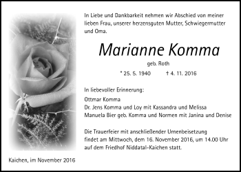 Traueranzeige von Marianne Komma von Wetterauer Zeitung, Wetterauer Zeitung