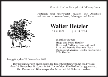 Traueranzeige von Walter Hetzler von Gießener Allgemeine, Alsfelder Allgemeine