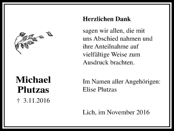 Traueranzeige von Michael Plutzas von Licher Wochenblatt, Licher Wochenblatt, Licher Wochenblatt
