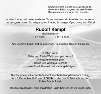 Traueranzeige von Rudolf Kempf von Licher Wochenblatt, Licher Wochenblatt, Licher Wochenblatt