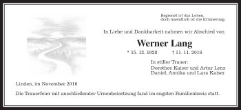 Traueranzeige von Werner Lang von Gießener Allgemeine, Alsfelder Allgemeine