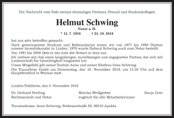 Traueranzeige von Helmut Schwing von Gießener Allgemeine, Alsfelder Allgemeine