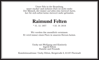 Traueranzeige von Raimund Felten von Wetterauer Zeitung, Wetterauer Zeitung