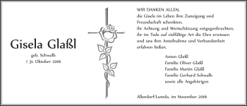 Traueranzeige von Gisela Glaßl von Allendorfer Mitteilungen