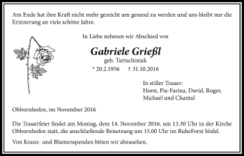 Traueranzeige von Gabriele Grießl von Licher Wochenblatt, Licher Wochenblatt, Licher Wochenblatt