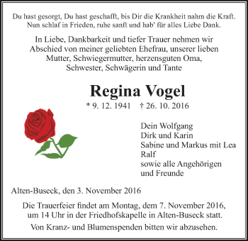 Traueranzeige von Regina Vogel von Gießener Allgemeine, Alsfelder Allgemeine