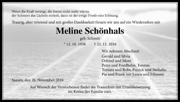 Traueranzeige von Meline Schönhals von Gießener Allgemeine, Alsfelder Allgemeine