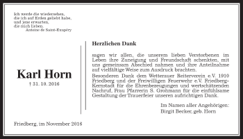 Traueranzeige von Karl Horn von Wetterauer Zeitung, Wetterauer Zeitung
