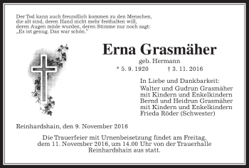 Traueranzeige von Erna Grasmäher von Gießener Allgemeine, Alsfelder Allgemeine