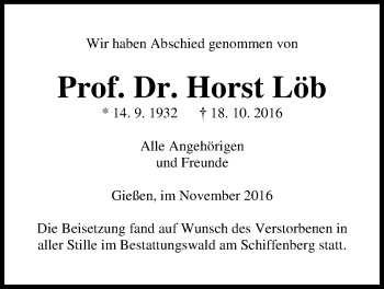 Traueranzeige von Horst Löb von Gießener Allgemeine, Alsfelder Allgemeine