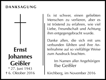 Traueranzeige von Ernst Johannes Geißler von Gießener Allgemeine, Alsfelder Allgemeine