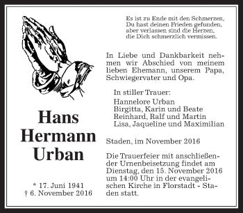 Traueranzeige von Hans Hermann Urban von Wetterauer Zeitung, Wetterauer Zeitung