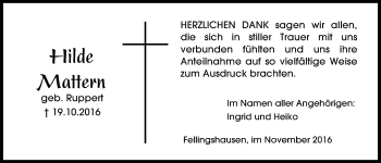 Traueranzeige von Hilde Mattern von Gießener Allgemeine, Alsfelder Allgemeine