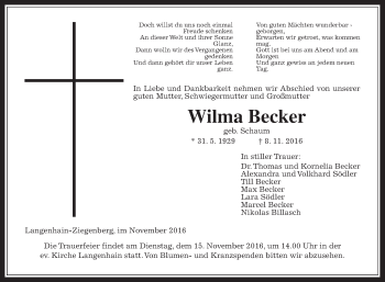 Traueranzeige von Wilma Becker von Wetterauer Zeitung, Wetterauer Zeitung