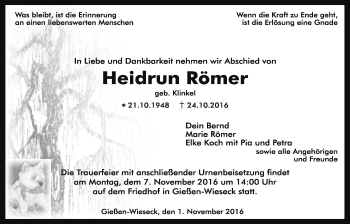 Traueranzeige von Heidrun Römer von Gießener Allgemeine, Alsfelder Allgemeine