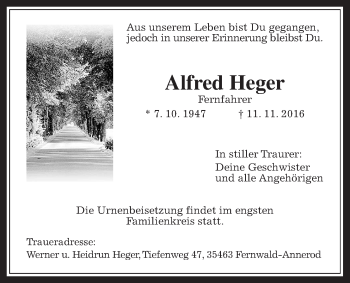 Traueranzeige von Alfred Heger von Gießener Allgemeine, Alsfelder Allgemeine