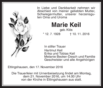 Traueranzeige von Marie Keil von Gießener Allgemeine, Alsfelder Allgemeine