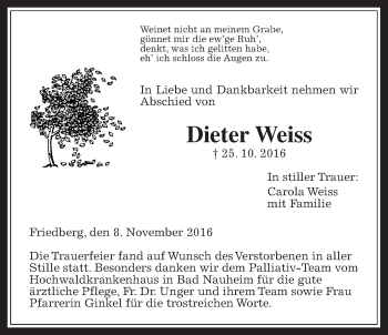 Traueranzeige von Dieter Weiss von Wetterauer Zeitung, Wetterauer Zeitung
