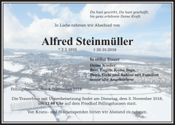 Traueranzeige von Alfred Steinmüller von Gießener Allgemeine, Alsfelder Allgemeine