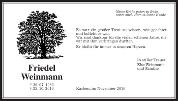 Traueranzeige von Friedel Weinmann von Wetterauer Zeitung, Wetterauer Zeitung
