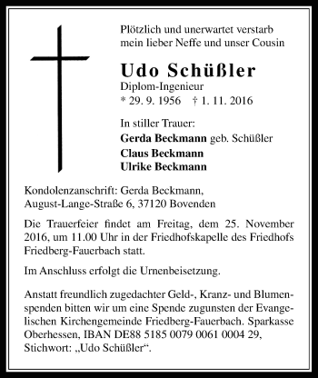 Traueranzeige von Udo Schüßler von Wetterauer Zeitung, Wetterauer Zeitung