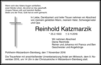 Traueranzeige von Reinhold Katzmarzik von Gießener Allgemeine, Alsfelder Allgemeine