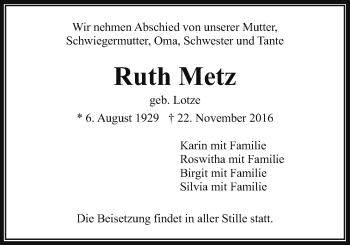 Traueranzeige von Ruth Metz von Wetterauer Zeitung, Wetterauer Zeitung