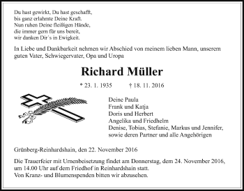 Traueranzeige von Richard Müller von Gießener Allgemeine, Alsfelder Allgemeine