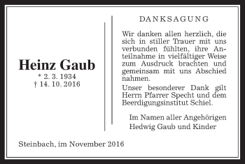 Traueranzeige von Heinz Gaub von Gießener Allgemeine, Alsfelder Allgemeine