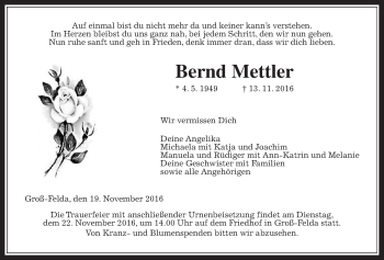 Traueranzeige von Bernd Mettler von Alsfelder Allgemeine
