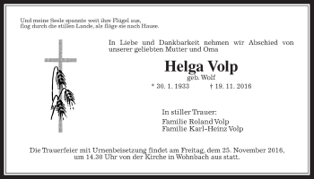 Traueranzeige von Helga Volp von Wetterauer Zeitung, Wetterauer Zeitung