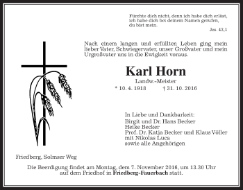 Traueranzeige von Karl Horn von Wetterauer Zeitung, Wetterauer Zeitung