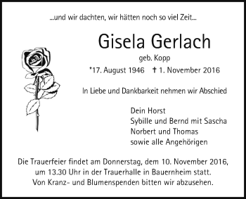 Traueranzeige von Gisela Gerlach von Wetterauer Zeitung, Wetterauer Zeitung