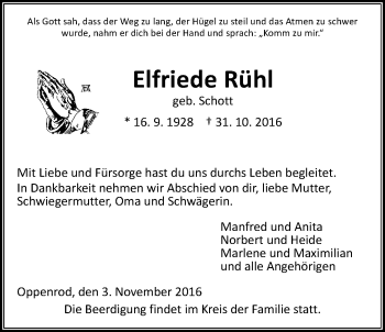 Traueranzeige von Elfriede Rühl von Gießener Allgemeine, Alsfelder Allgemeine