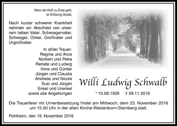 Traueranzeige von Willi Ludwig Schwalb von Gießener Allgemeine, Alsfelder Allgemeine