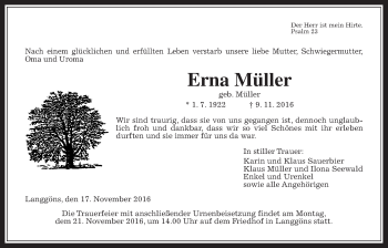Traueranzeige von Erna Müller von Gießener Allgemeine, Alsfelder Allgemeine